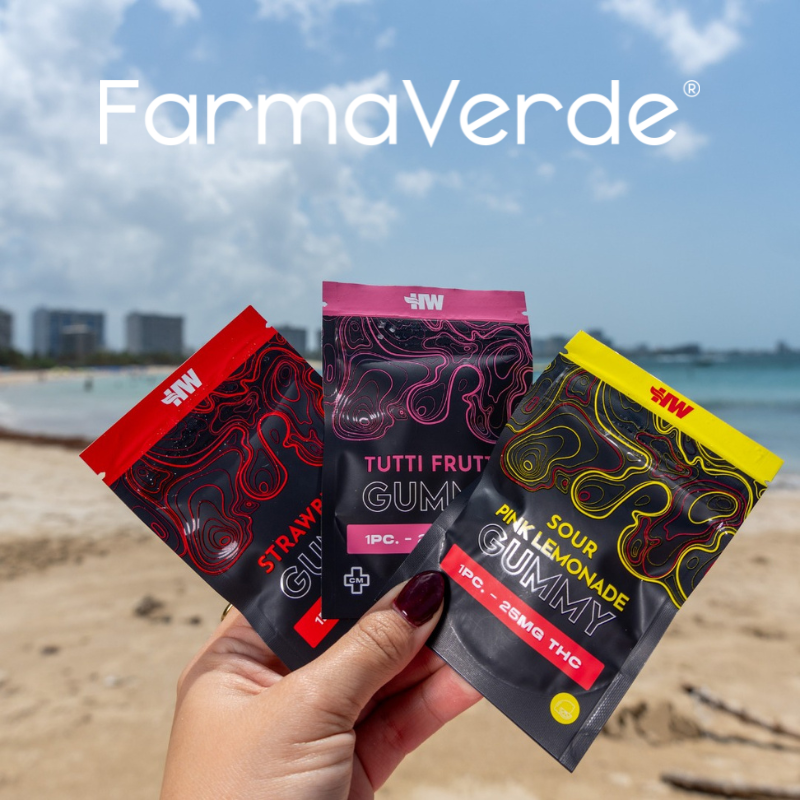 Mano sosteniendo tres empaques de gummies HealthWeed en una playa de Puerto Rico con el logo de FarmaVerde.