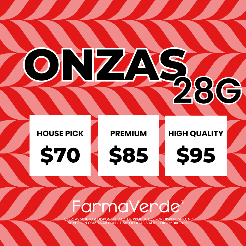 Gráfico promocional de FarmaVerde con ofertas de onzas de cannabis en Puerto Rico: House Pick $70, Premium $85 y High Quality $95.