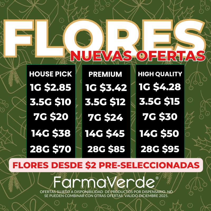 Gráfico promocional de FarmaVerde con ofertas de flores de cannabis en Puerto Rico, incluyendo House Pick, Premium y High Quality desde 1G hasta 28G.