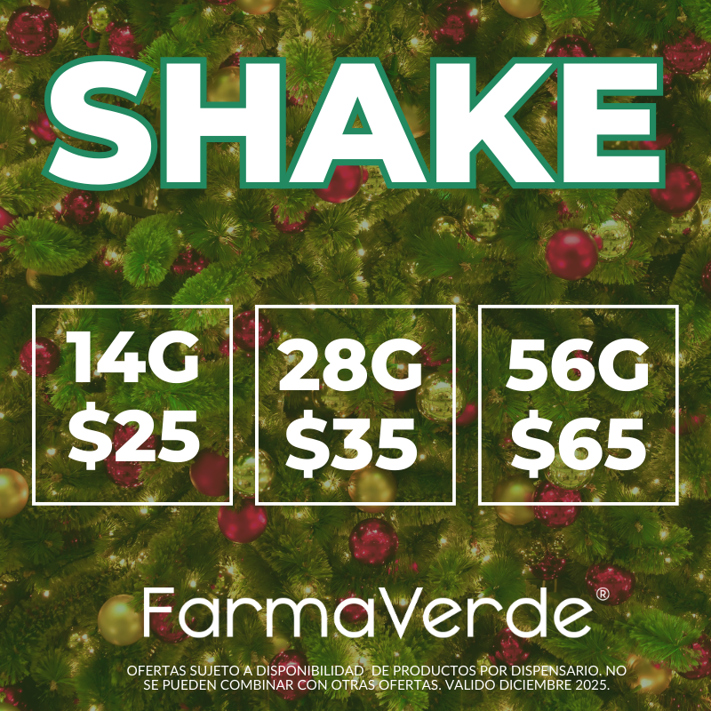 Gráfico promocional de FarmaVerde con ofertas de shake de cannabis en Puerto Rico: 14G $25, 28G $35 y 56G $65 en diciembre.