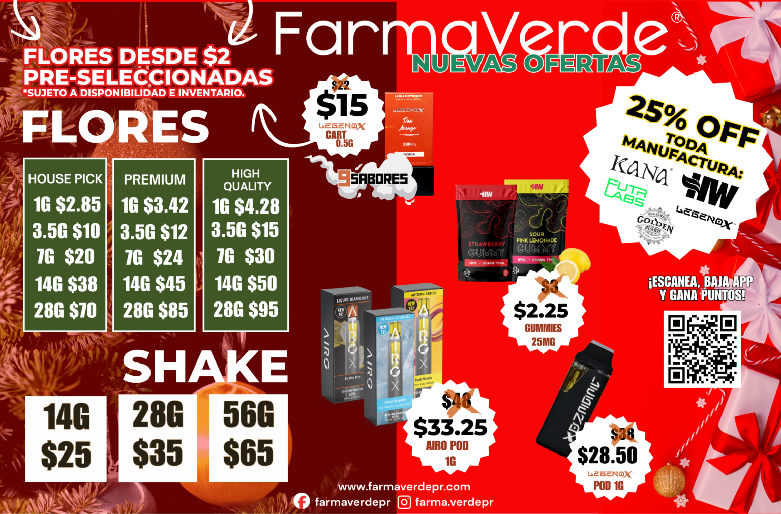 Gráfico promocional de FarmaVerde con ofertas de cannabis en Puerto Rico: flores, shake, gummies, carts y pods con descuentos navideños.