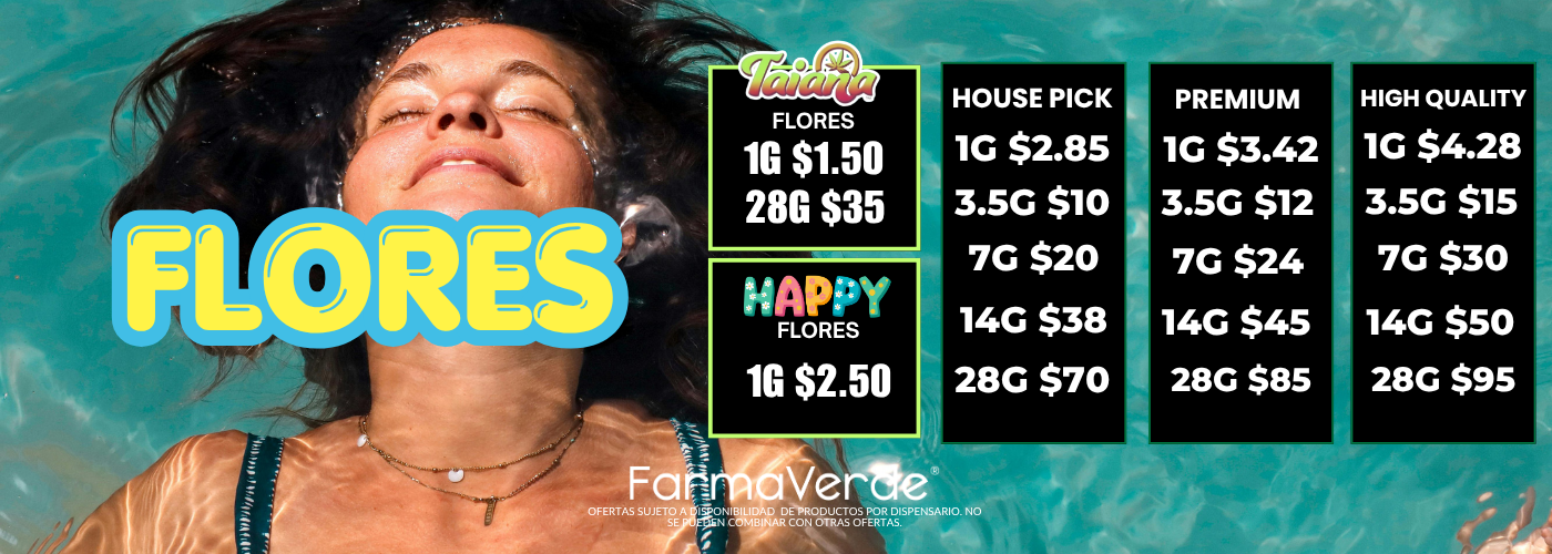 Ofertas de flores en FarmaVerde Puerto Rico con precios desde $1.50 por gramo, incluyendo house pick, premium y high quality en cannabis medicinal.