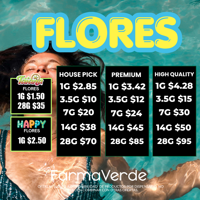 Ofertas de flores en FarmaVerde Puerto Rico: precios por gramo desde $1.50, house pick, premium y high quality con descuentos en cannabis medicinal.