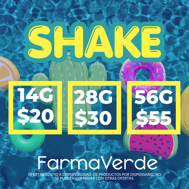 Oferta de shake en FarmaVerde Puerto Rico: 14g $20, 28g $30 y 56g $55, cannabis medicinal a precio especial.