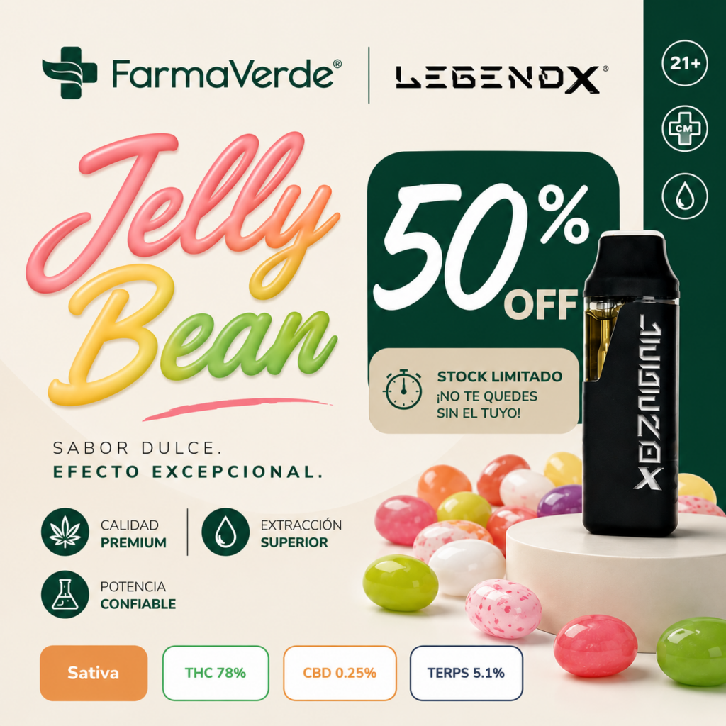 Anuncio cuadrado de FarmaVerde y LegendX para el cartucho Jelly Bean Sativa. Diseño minimalista en tonos crema y verdes con caramelos de jelly beans alrededor del dispositivo vape. Incluye promoción de 50% OFF, especificaciones THC 78%, CBD 0.25% y terpenos 5.1%.