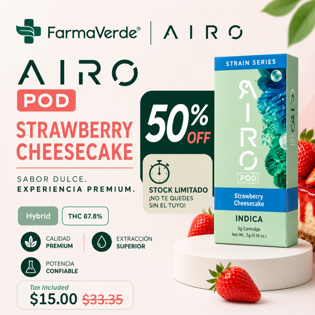 Anuncio promocional cuadrado de FarmaVerde y AIRO para Strawberry Cheesecake Indica. Diseño limpio y moderno con fresas, cheesecake y empaque AIRO POD sobre fondo crema. Incluye promoción 50% OFF y especificaciones THC 87.8%.