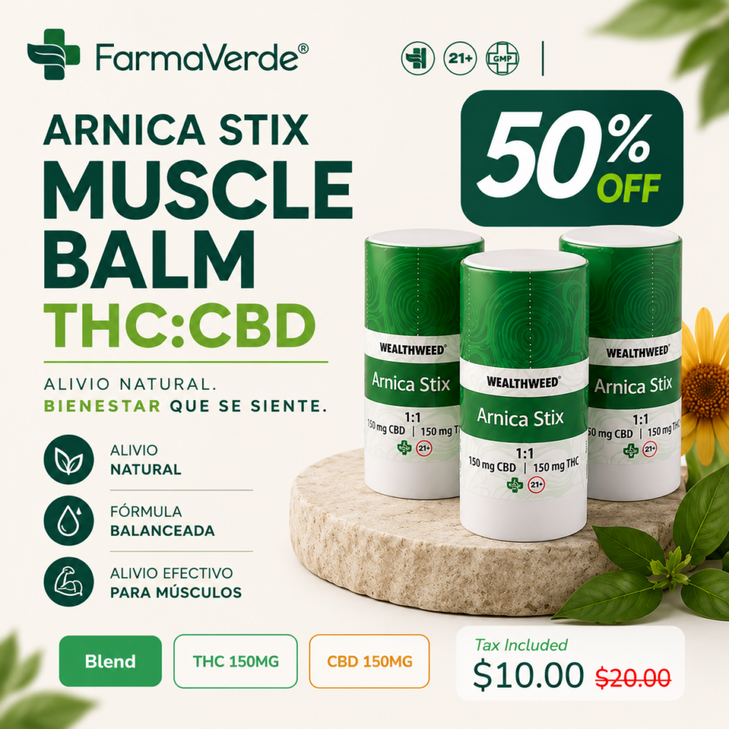 Anuncio cuadrado de FarmaVerde para Arnica Stix Muscle Balm THC:CBD. Diseño natural y medicinal con envases verdes sobre base de piedra, hojas botánicas y flores amarillas. Incluye promoción 50% OFF y especificaciones THC 150MG y CBD 150MG.