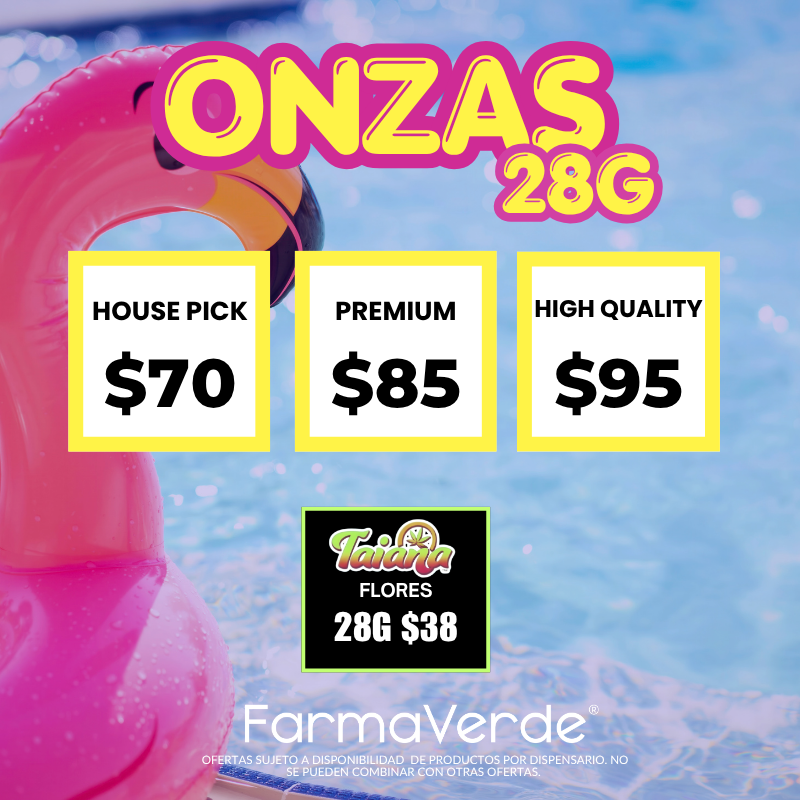 FarmaVerde 28g flower ounce special featuring House Pick $70, Premium $85 and High Quality $95 medical cannabis flower in Puerto Rico.