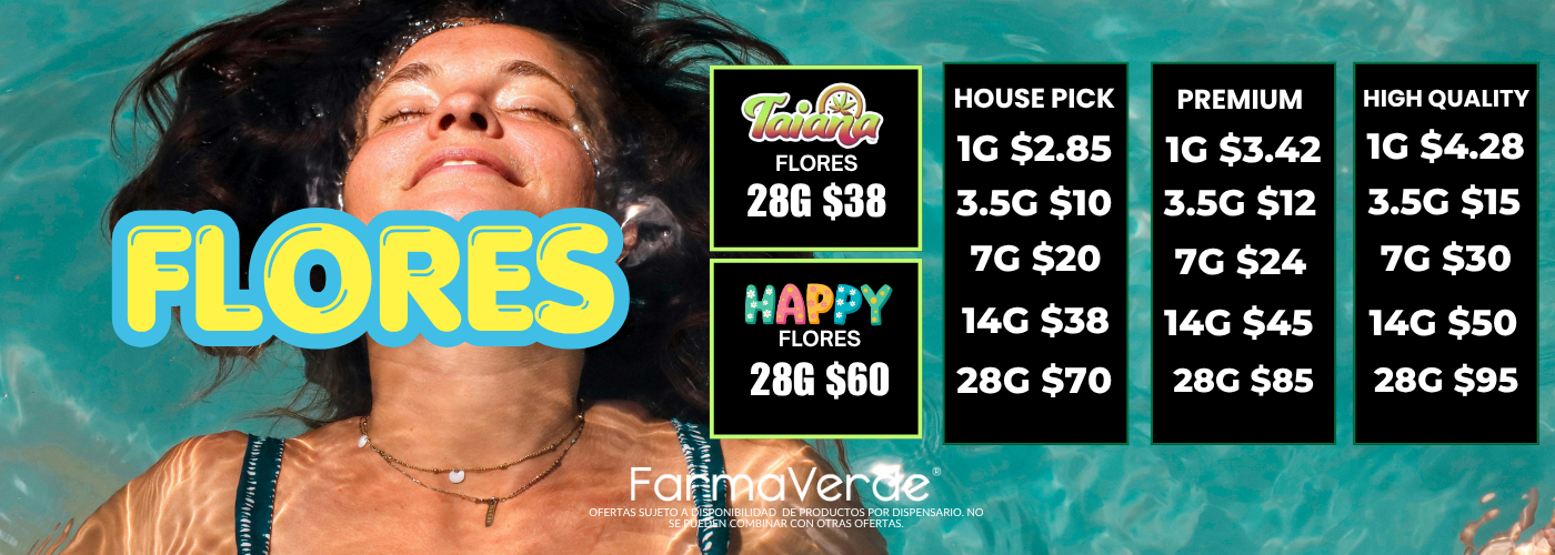 FarmaVerde flower pricing chart featuring House Pick, Premium, and High Quality cannabis flower options with pricing for 1g, 3.5g, 7g, 14g, and 28g in Puerto Rico.