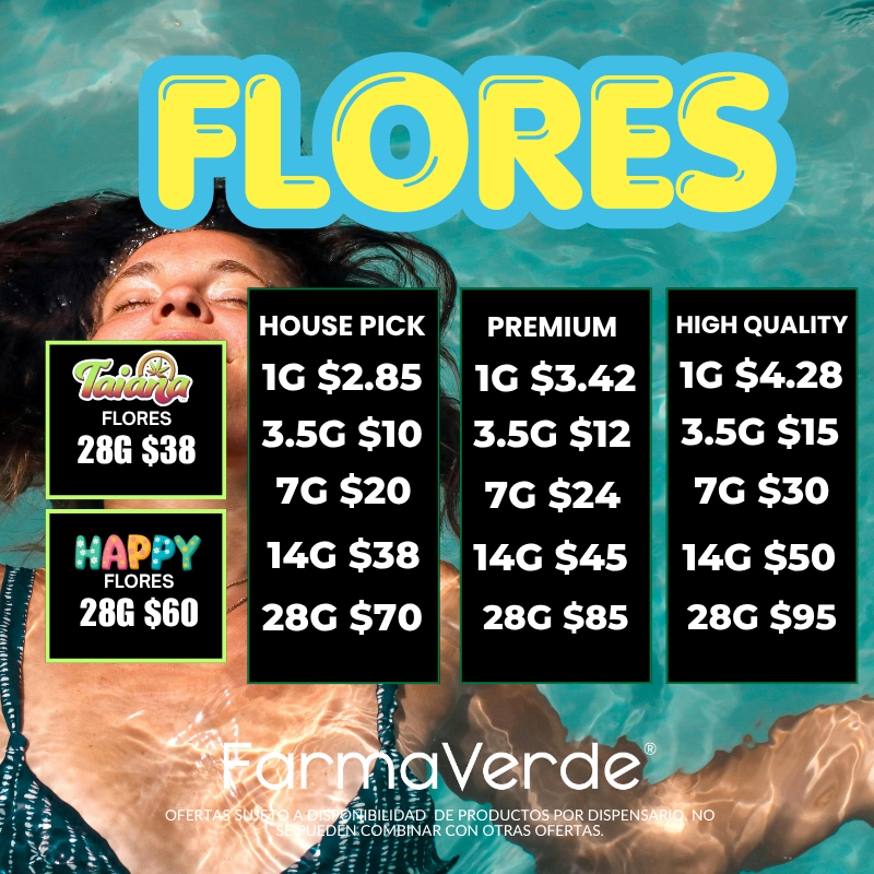 FarmaVerde flower pricing chart featuring House Pick, Premium, and High Quality cannabis flower options with pricing for 1g, 3.5g, 7g, 14g, and 28g in Puerto Rico.