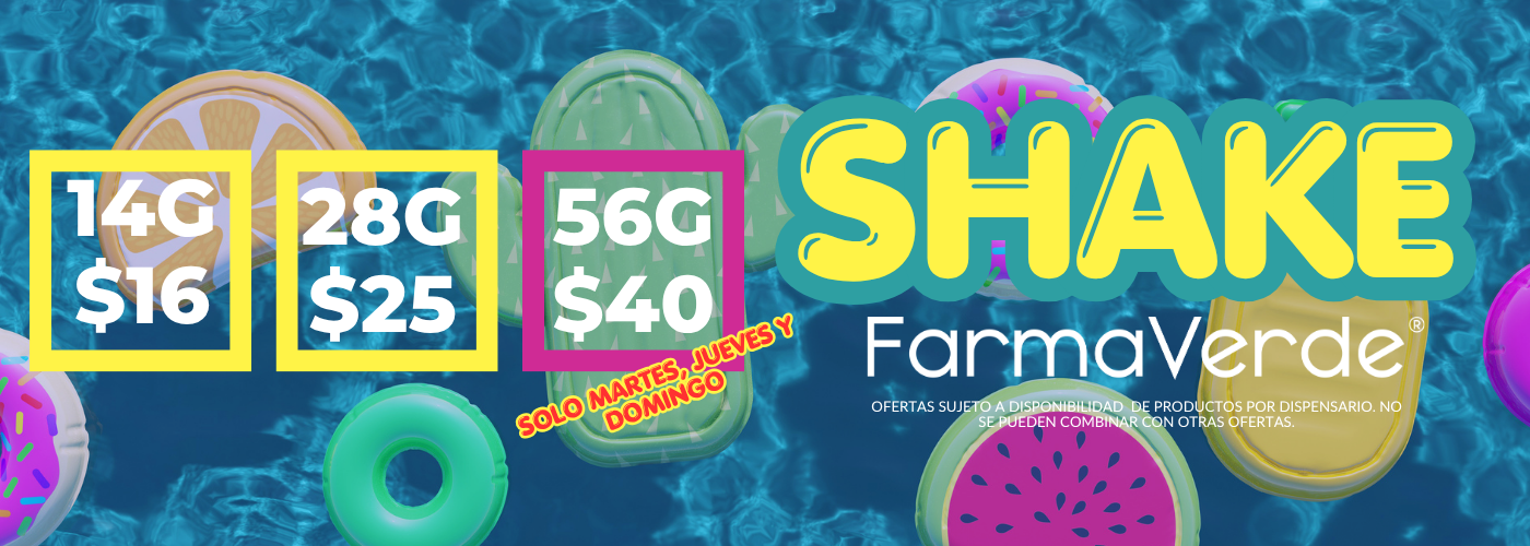 FarmaVerde cannabis shake specials featuring 14g for $16, 28g for $25, and 56g for $40 available Tuesdays, Thursdays, and Sundays in Puerto Rico.
