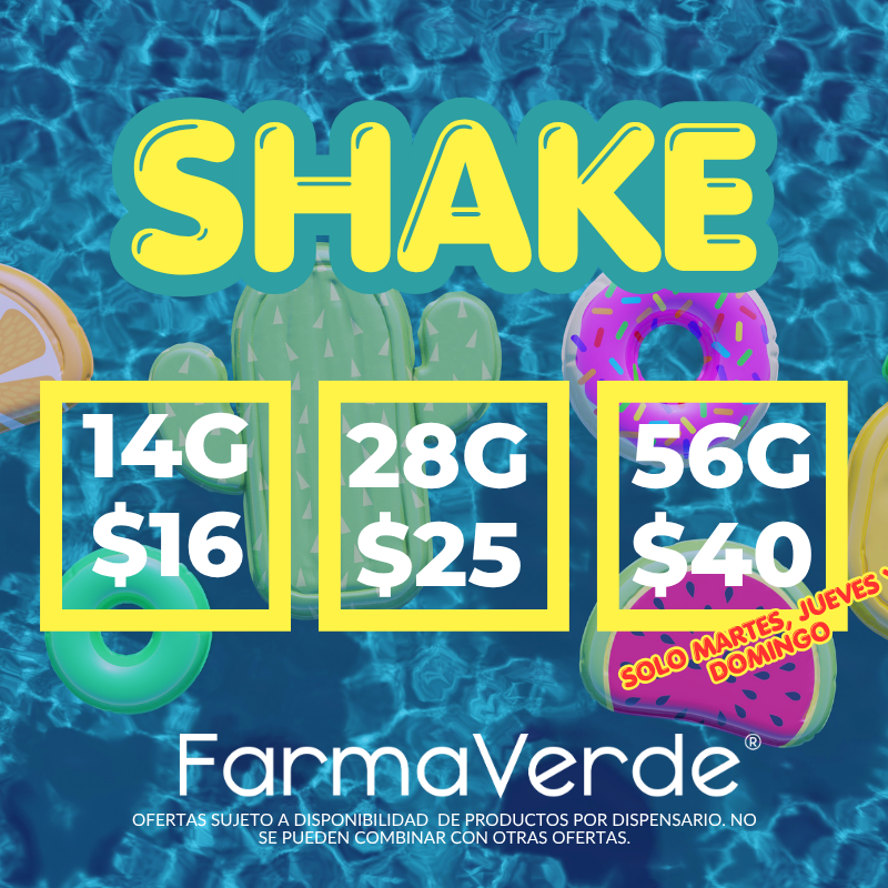 FarmaVerde cannabis shake specials featuring 14g for $16, 28g for $25, and 56g for $40 available Tuesdays, Thursdays, and Sundays in Puerto Rico.