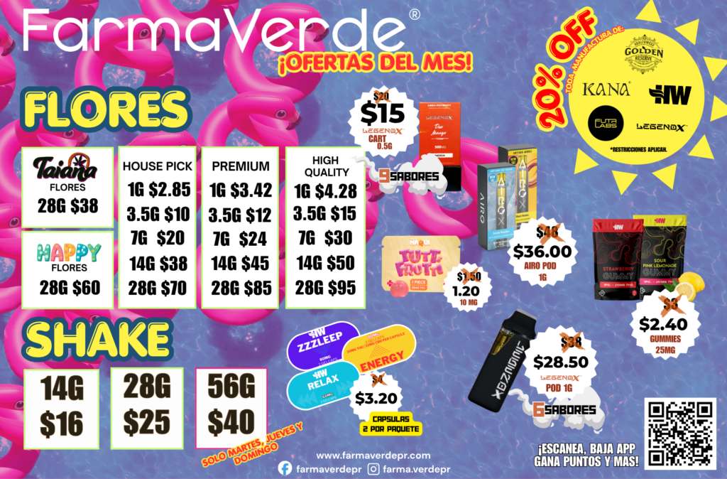 FarmaVerde June 2026 cannabis specials featuring flower, shake, vape cartridges, pods, gummies, capsules and monthly medical cannabis deals in Puerto Rico.