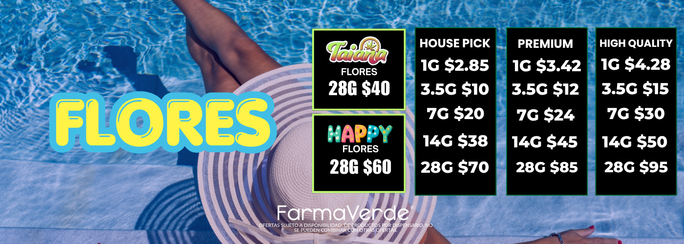 FarmaVerde flower pricing chart featuring House Pick, Premium, and High Quality cannabis flower options with pricing for 1g, 3.5g, 7g, 14g, and 28g in Puerto Rico.