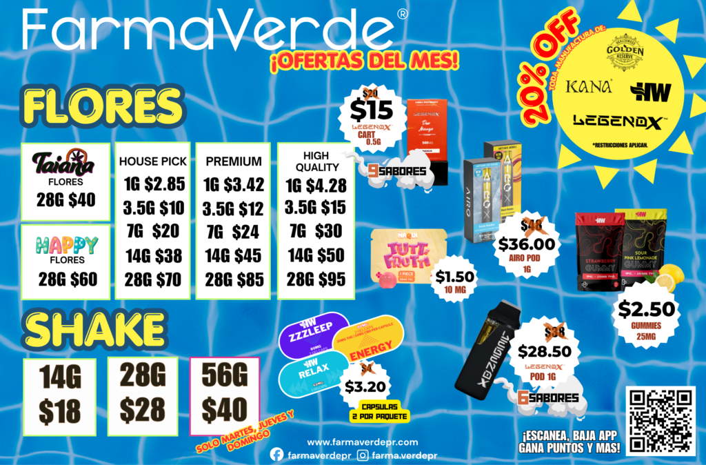 FarmaVerde Agosto 2026 cannabis specials featuring flower, shake, vape cartridges, pods, gummies, capsules and monthly medical cannabis deals in Puerto Rico.
